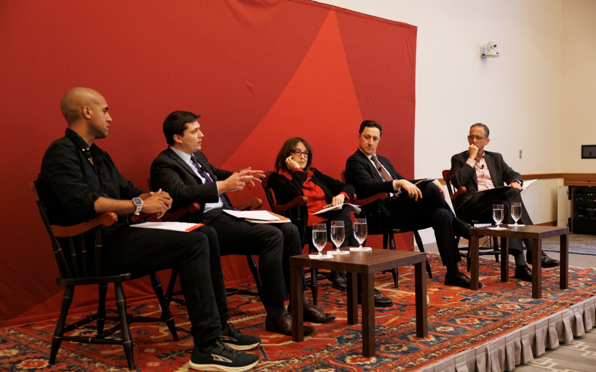 Niko Bowie (from left), Garrett West, Nancy Gertner, Derek Muller, and John C.P. Goldberg.