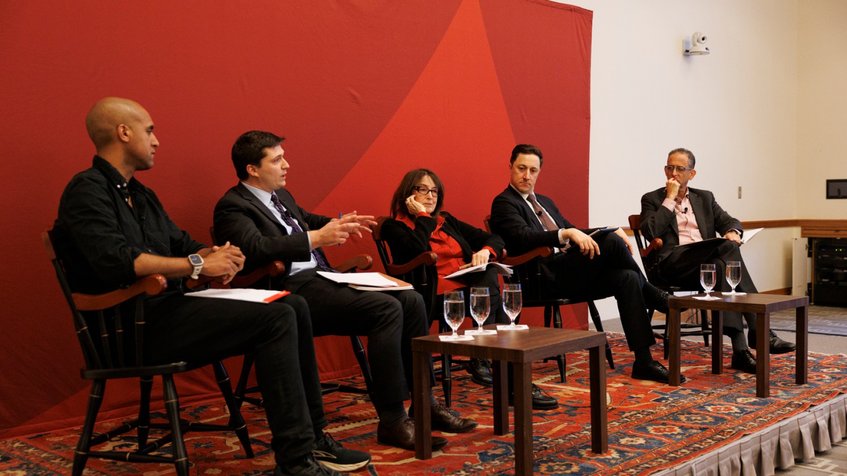 Nikolas Bowie (from left), Garrett West, Nancy Gertner, Derek Muller, and John C.P. Goldberg.