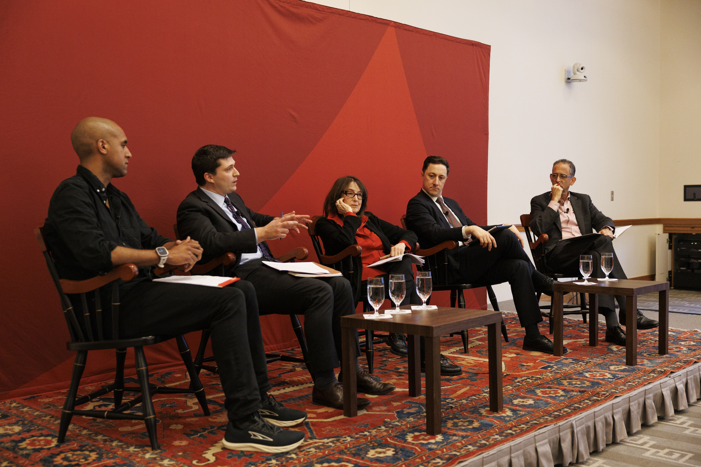 Niko Bowie (from left), Garrett West, Nancy Gertner, Derek Muller, and John C.P. Goldberg.