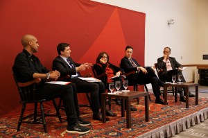 Niko Bowie (from left), Garrett West, Nancy Gertner, Derek Muller, and John C.P. Goldberg.