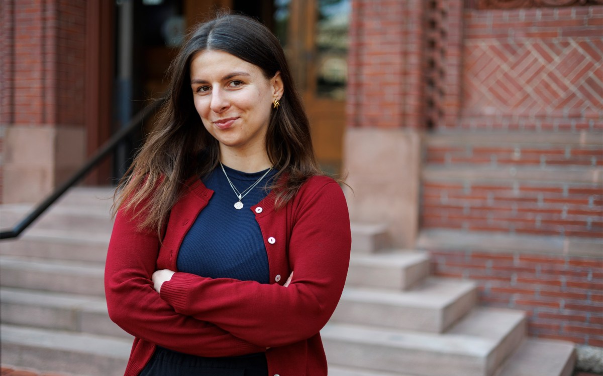 Portrait of Anastasiia Pereverten in front of Sever Hall.