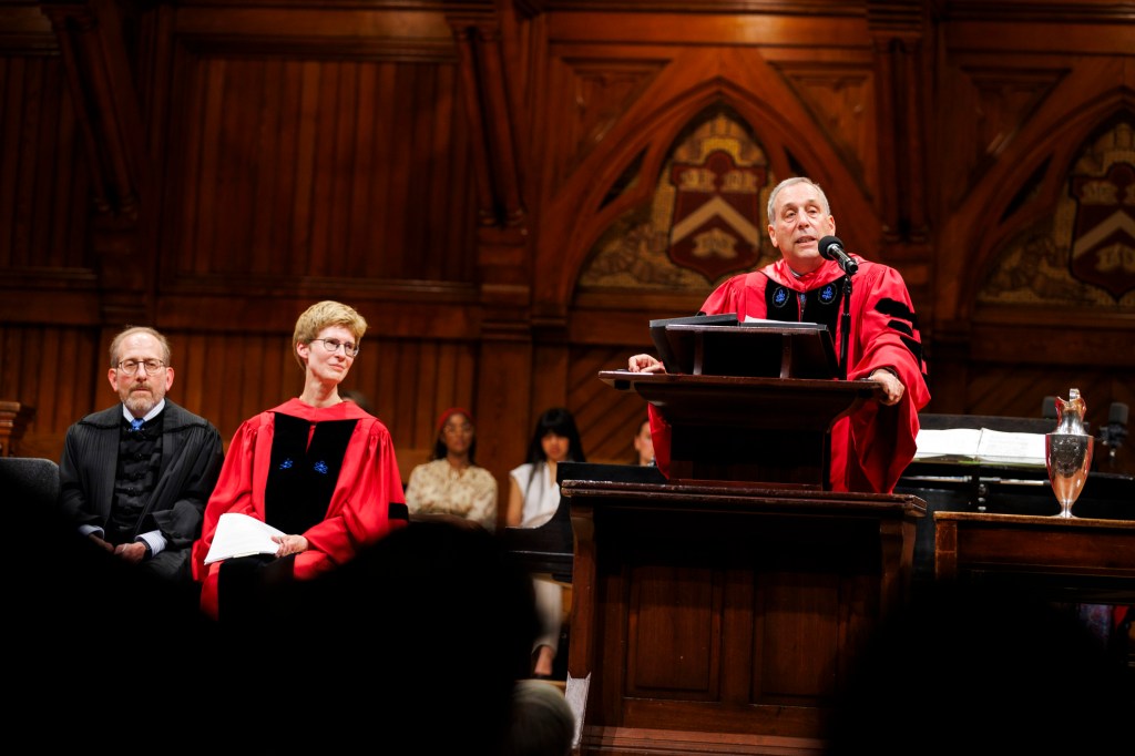 Phi Beta Kappa Literary Exercises takes place in Sanders Theatre. Harvard President Alan Garber (from left) and Karen Thornber listen to Orator Lawrence S. Bacow.