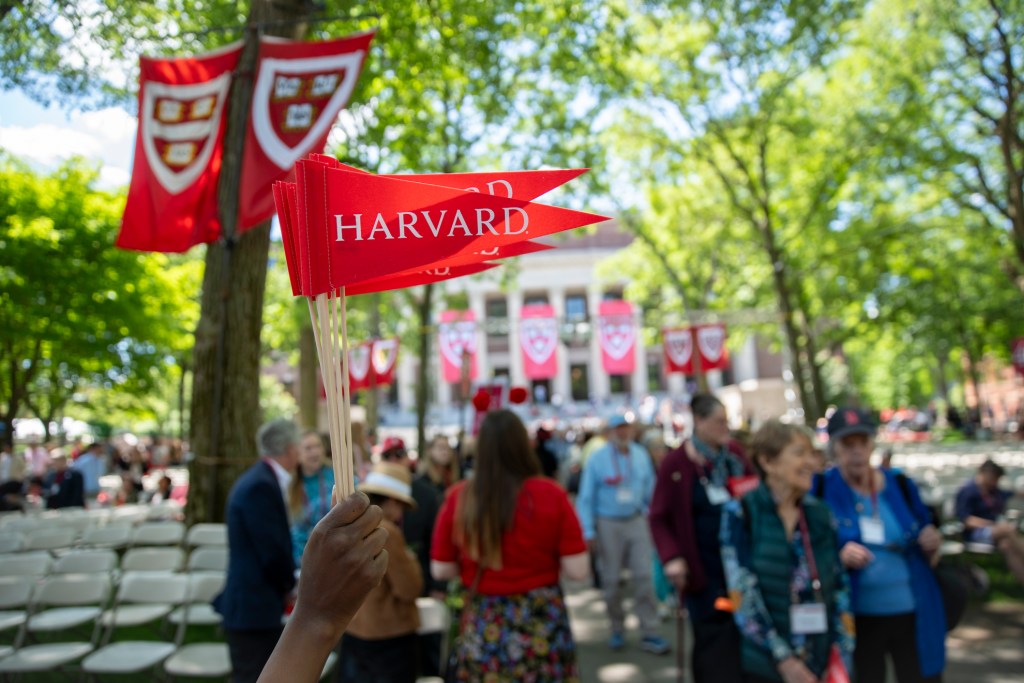 Harvard flags being held in Tercentenary Theatre during Harvard Alumni Day, 2024. 