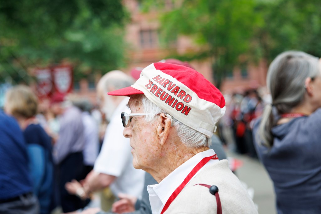 An alum wearing a “Harvard 25th reunion” hat during Harvard Alumni Day, 2025.