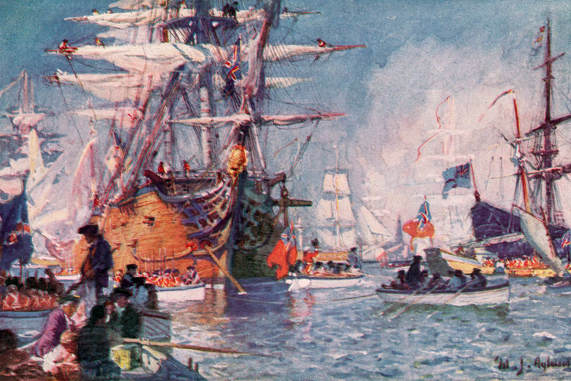 Painting depicting British evacuating Boston Harbor.