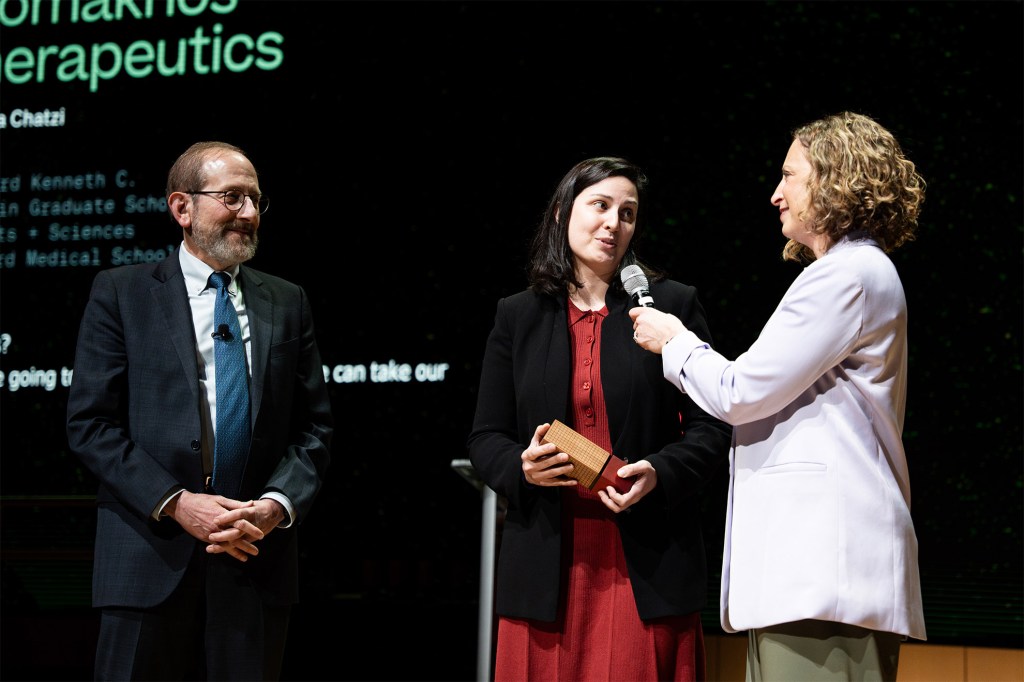 Harvard President Alan Garber, Katerina Chatzi, PhD, CEO of Promakhos Therapeutics, Jill Kravetz, Executive Director of the Harvard Innovation Labs