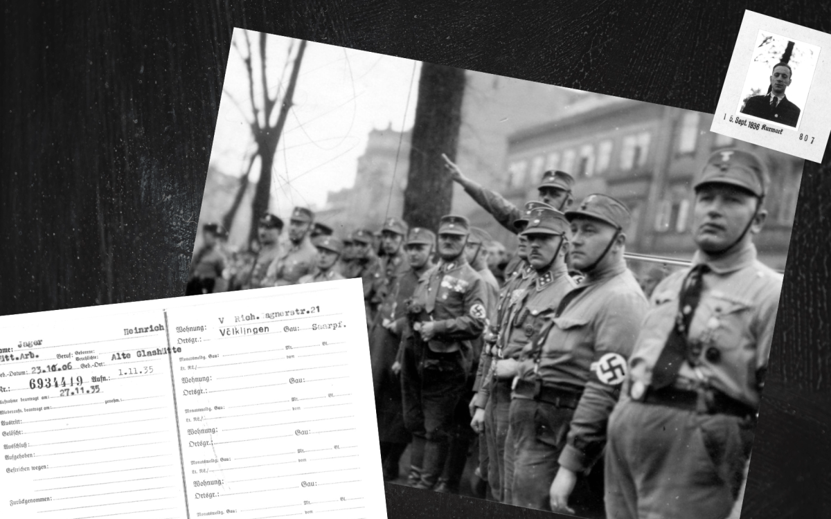 A composite image featuring an archival photograph of Nazis saluting and a Nazi membership card and photo.