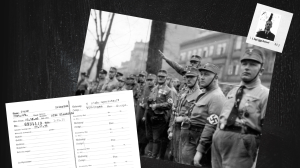 A composite image featuring an archival photograph of Nazis saluting and a Nazi membership card and photo.