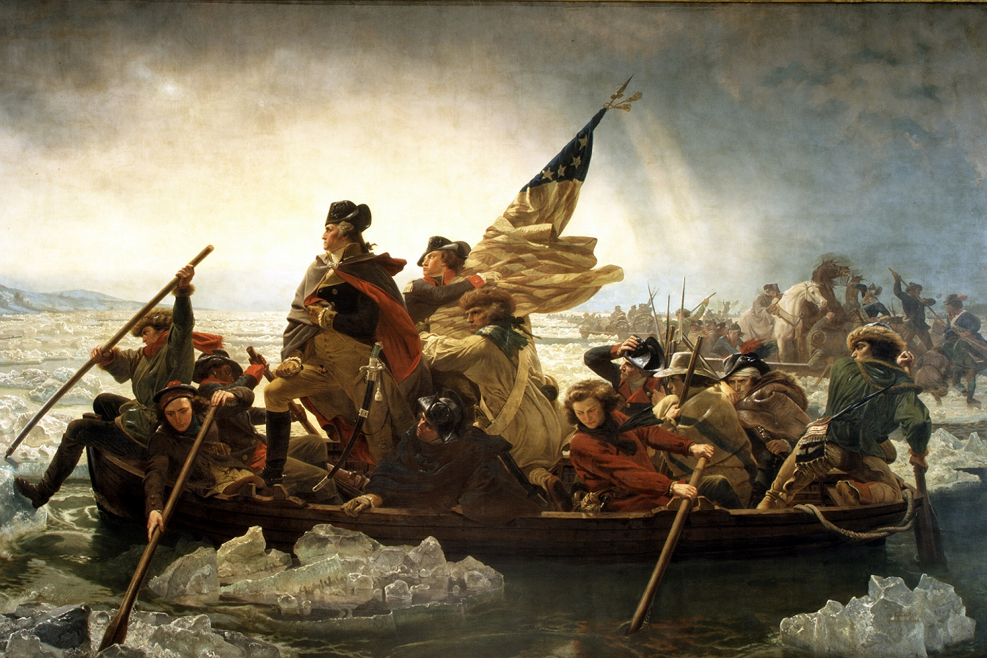Painting depicting Washington and troops crossing Delaware River.