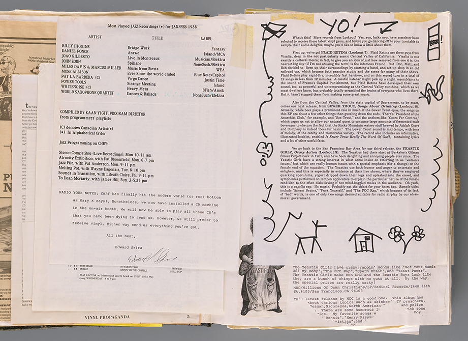 Pages from a scrapbook that documents the all-female punk group, Yeastie Girlz. This spread shows a portion of a 1988 alternative music chart flyer distributed by Radio York (left) and a promotional memo from Lookout Records describing a Yeastie Girlz album.