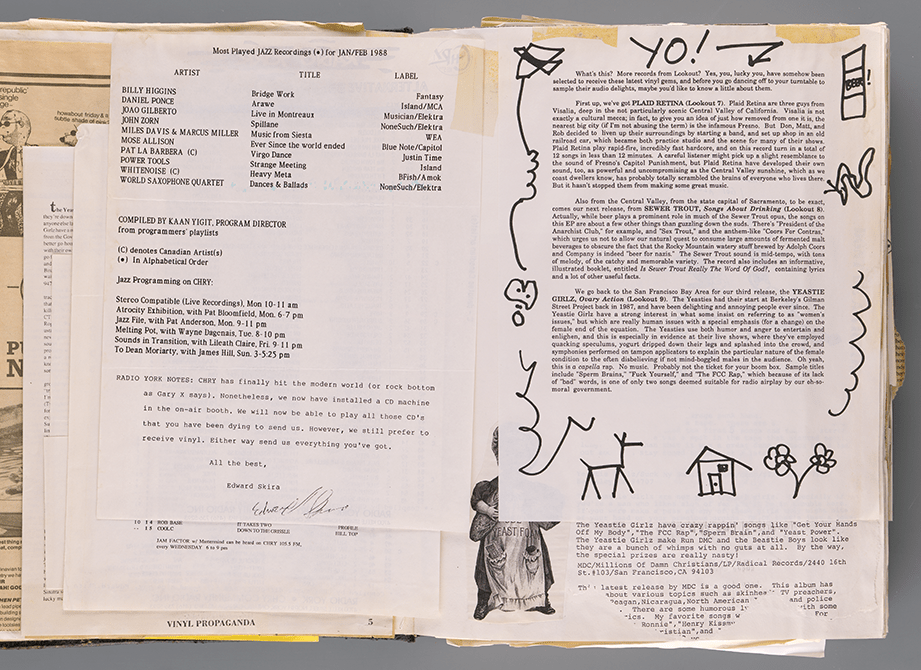 Pages from a scrapbook that documents the all-female punk group, Yeastie Girlz. This spread shows a portion of a 1988 alternative music chart flyer distributed by Radio York (left) and a promotional memo from Lookout Records describing a Yeastie Girlz album.
