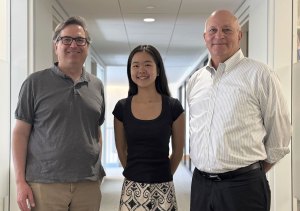 2026 Dunlop Undergraduate Thesis Prize winner Bona Yoo (center) with M-RCBG Director Jason Furman (left) and M-RCBG Co-Director John Haigh. Photo by Claire Byrne