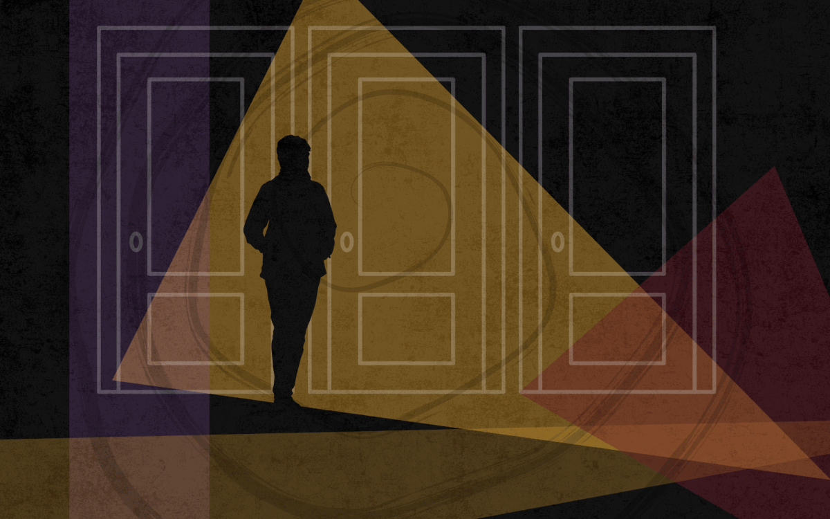 person standing infront of multiple doors