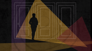 person standing infront of multiple doors