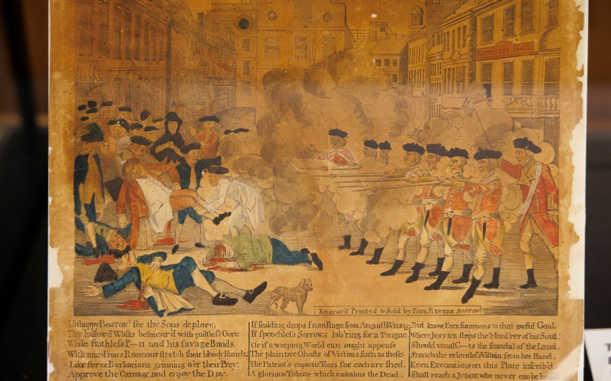 A photo of “The Bloody Massacre Perpetrated in King Street, Boston” by Paul Revere, 1770.