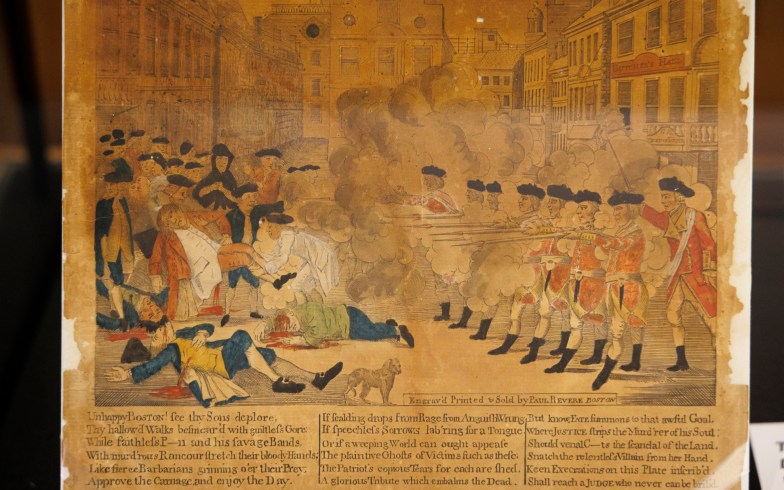 A photo of “The Bloody Massacre Perpetrated in King Street, Boston” by Paul Revere, 1770.