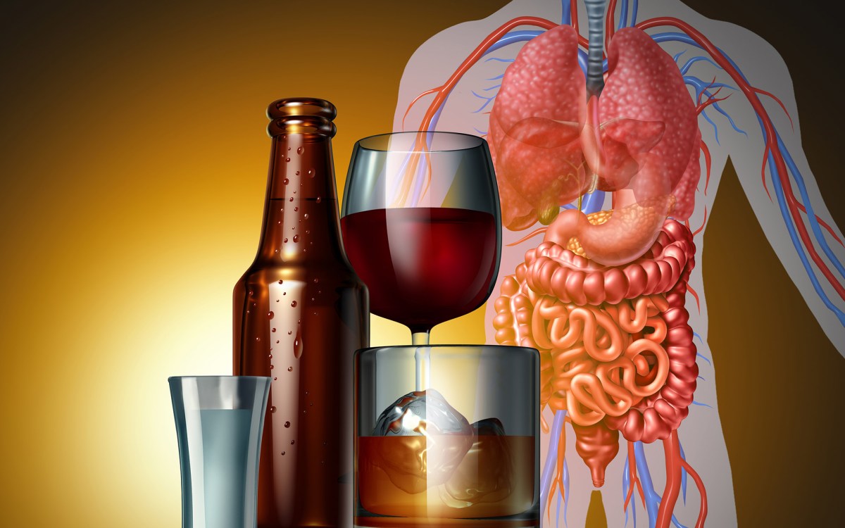 Illustration of alcohol and glasses as a medical riskon the human body as cancer or dangerous health.