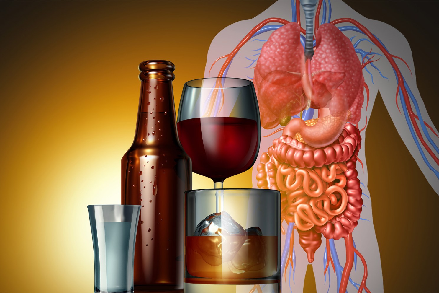 Illustration of alcohol and glasses as a medical riskon the human body as cancer or dangerous health.