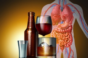 Illustration of alcohol and glasses as a medical riskon the human body as cancer or dangerous health.