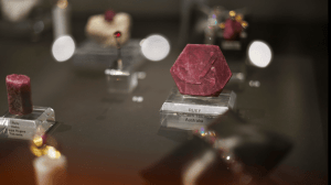 close up of rubies in a display case