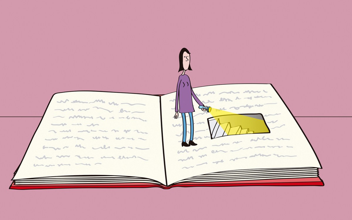 Illustration of a person shining a torch down a staircase inside of a book. (Oscar Armelles / Ikon Images)
