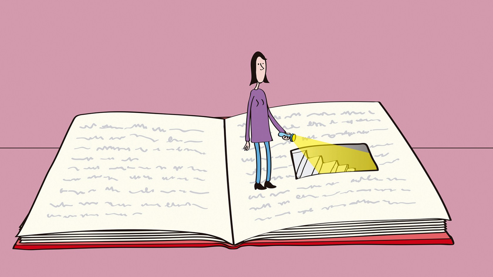 Illustration of a person shining a torch down a staircase inside of a book. (Oscar Armelles / Ikon Images)