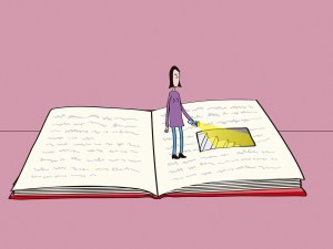 Illustration of a person shining a torch down a staircase inside of a book. (Oscar Armelles / Ikon Images)
