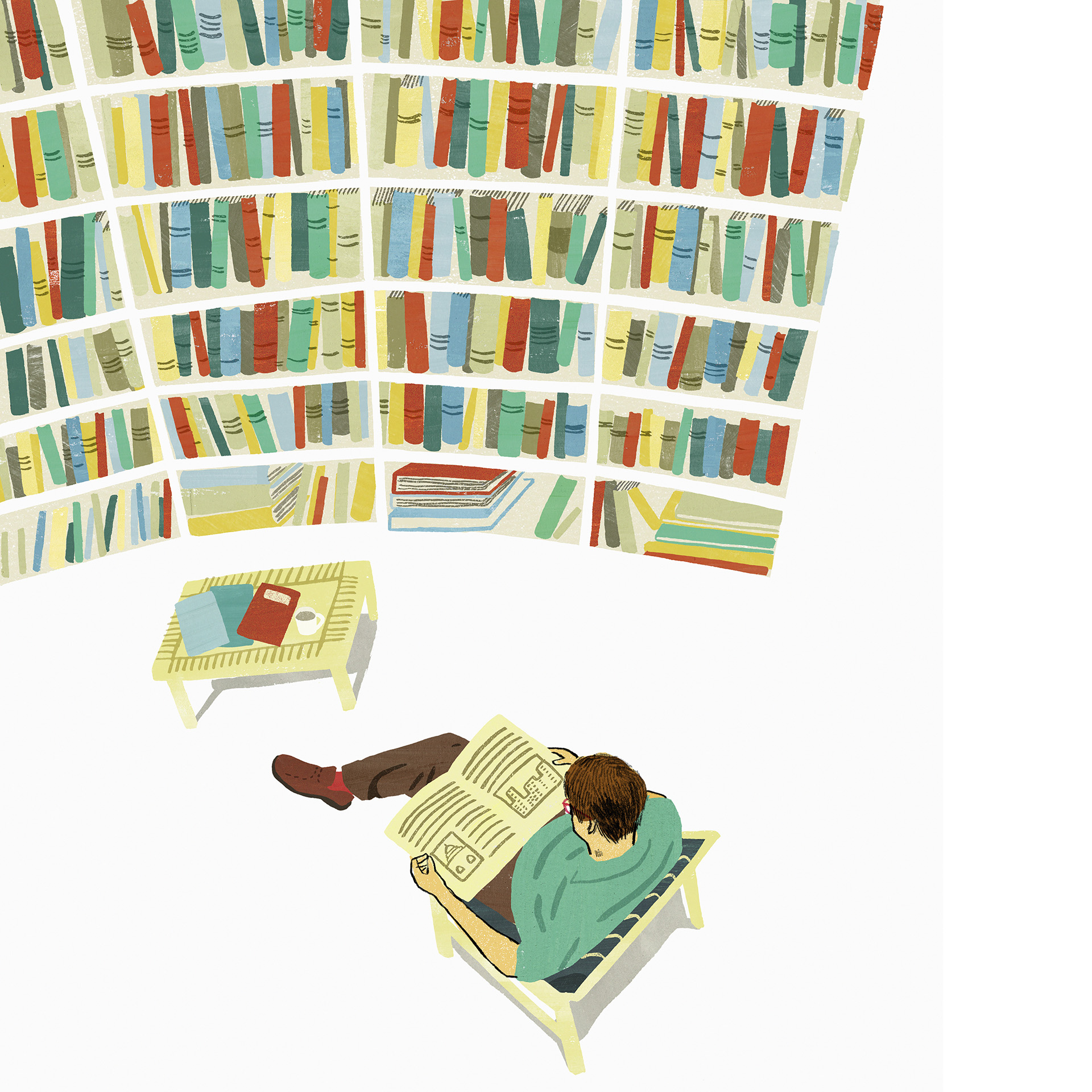 Illustration of person reading in massive home library.