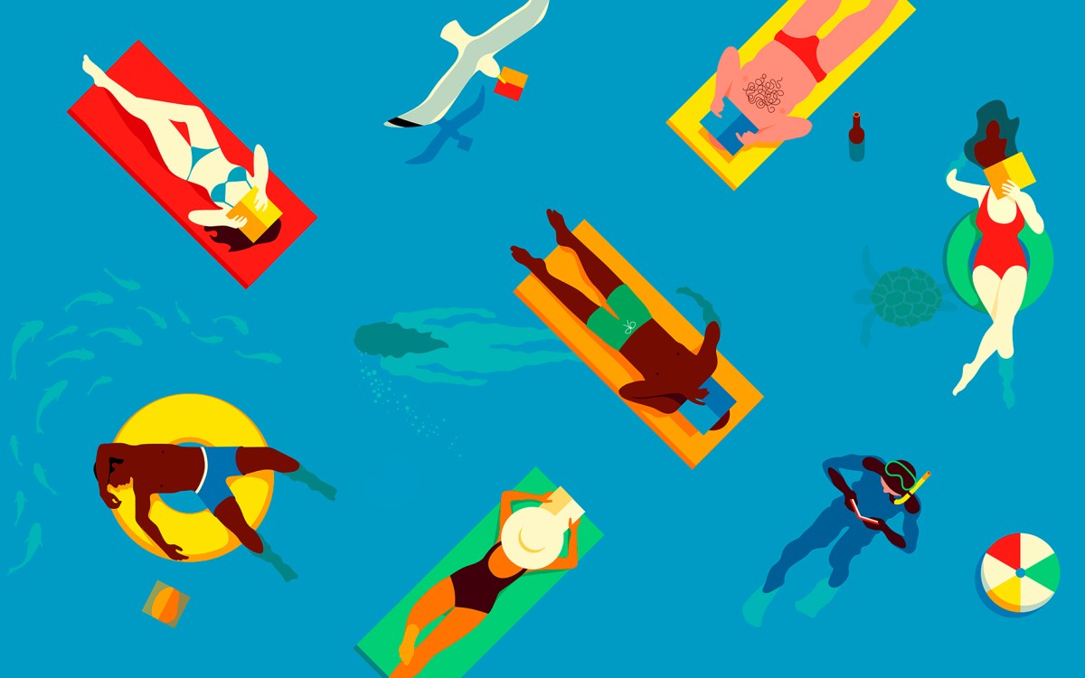 Illustration of people floating in a pool reading.