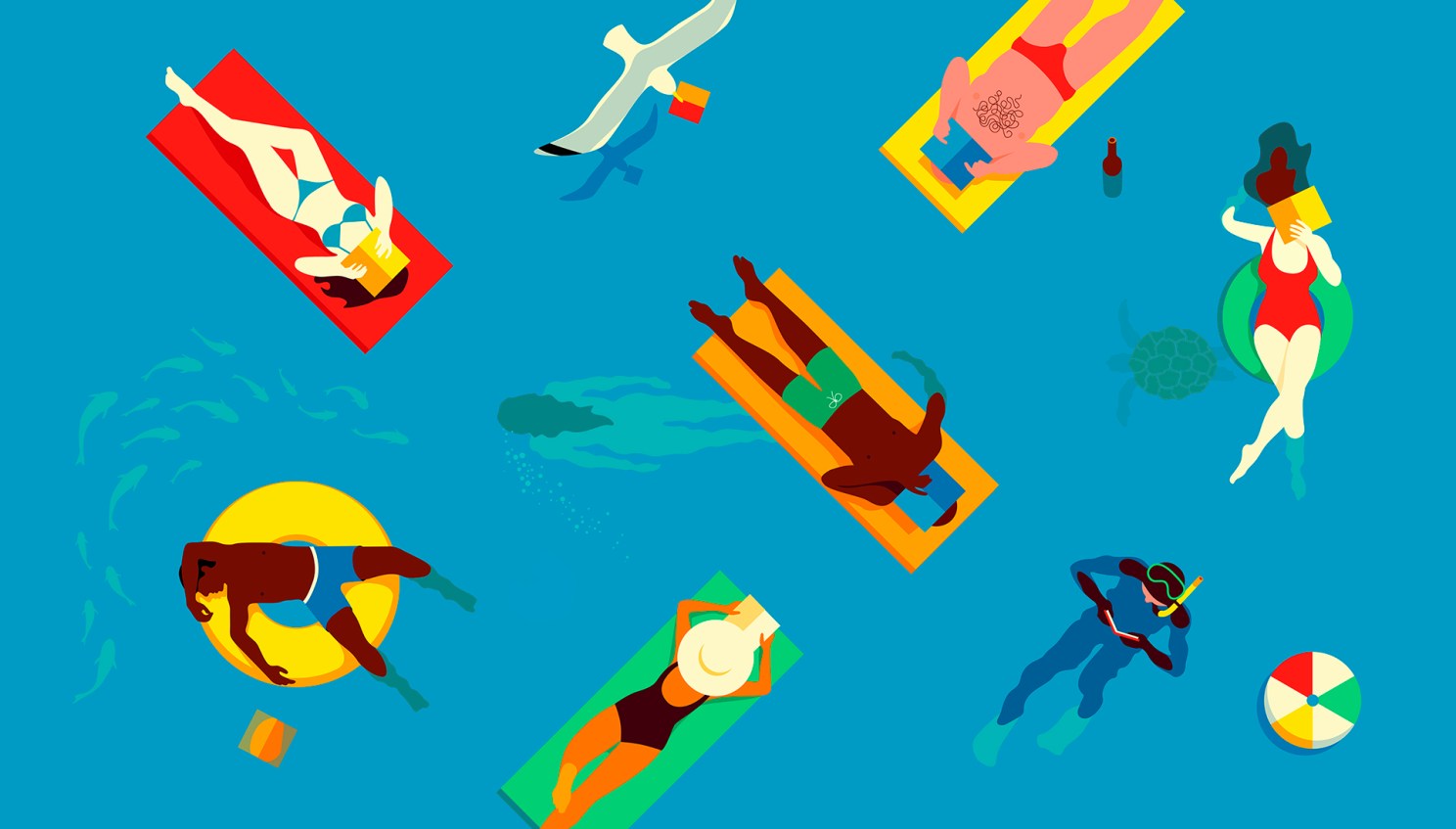 Illustration of people floating in a pool reading.