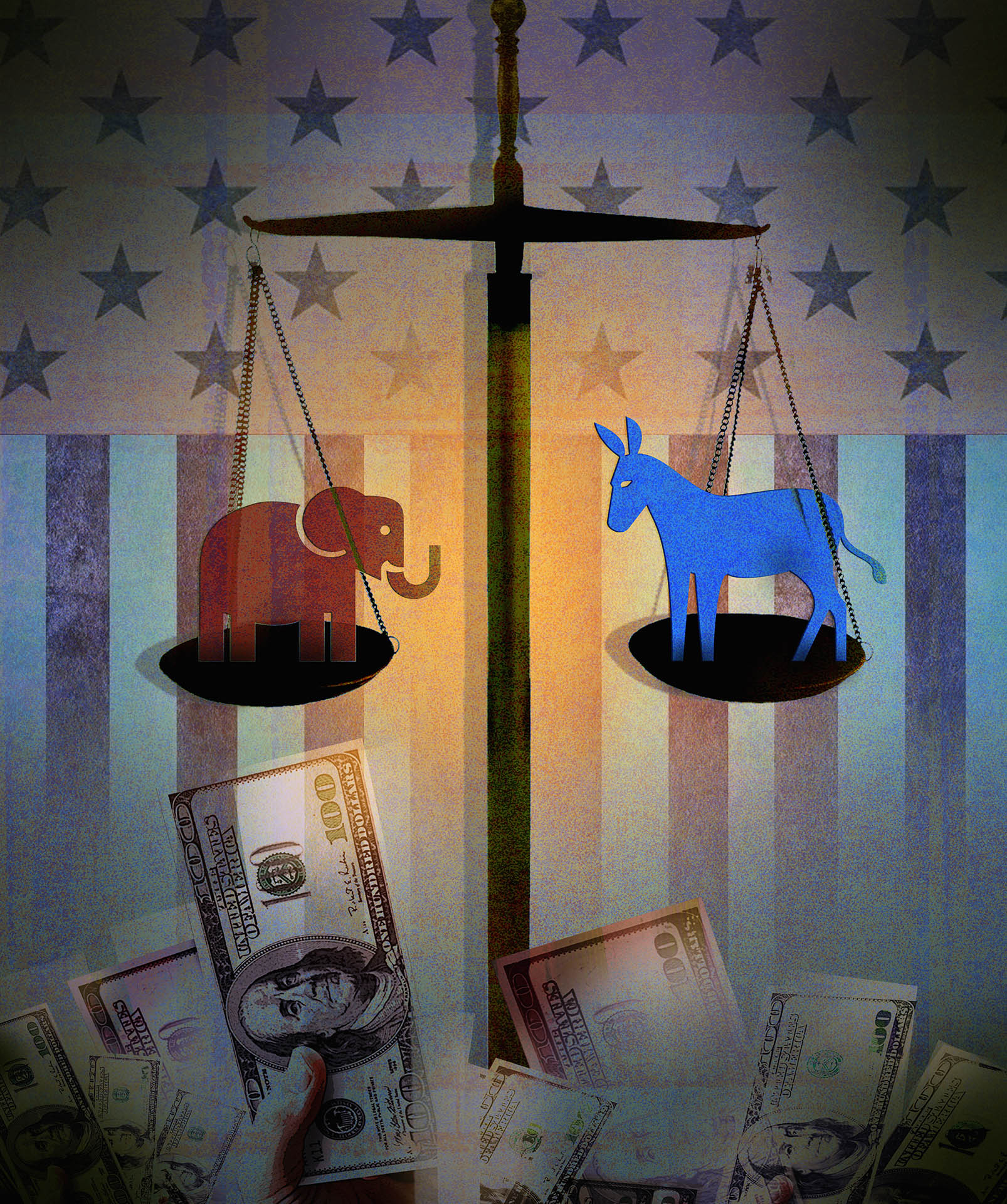 Illustration of political party mascots on scales with U.S. flag and cash.