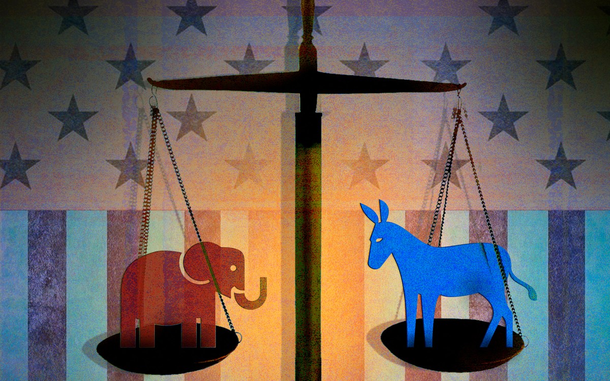 Illustration of political party mascots on scales with U.S. flag.