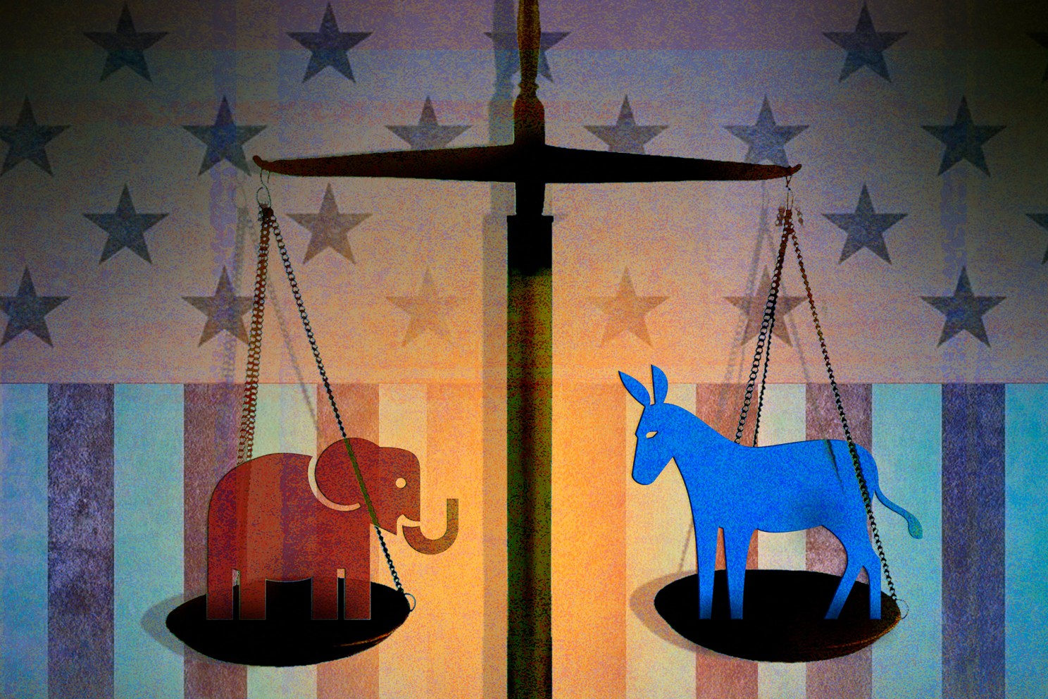 Illustration of political party mascots on scales with U.S. flag.