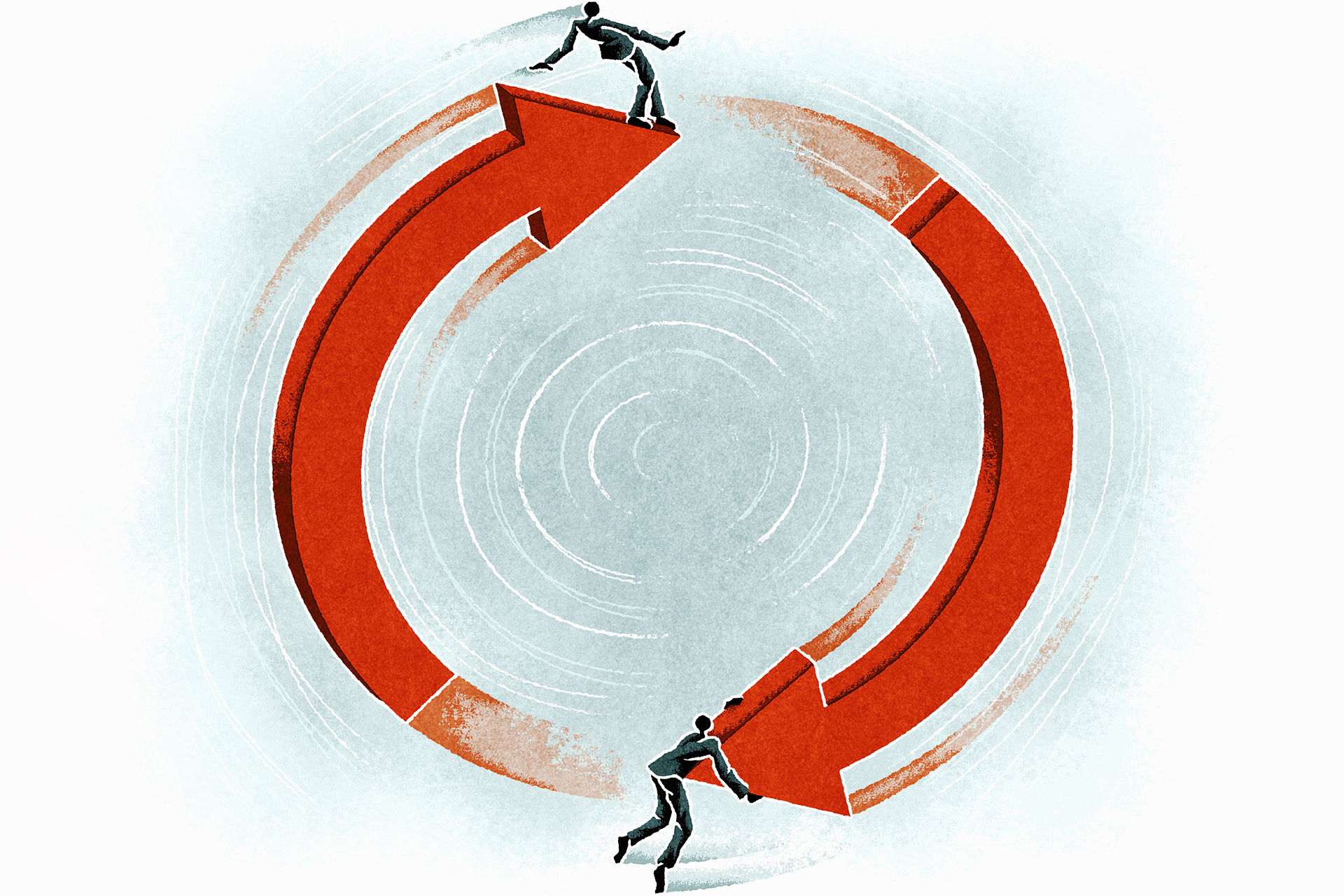 Businesspeople on upward and downward arrow in circle. (Illustration by Matt Kenyon/Ikon Images)