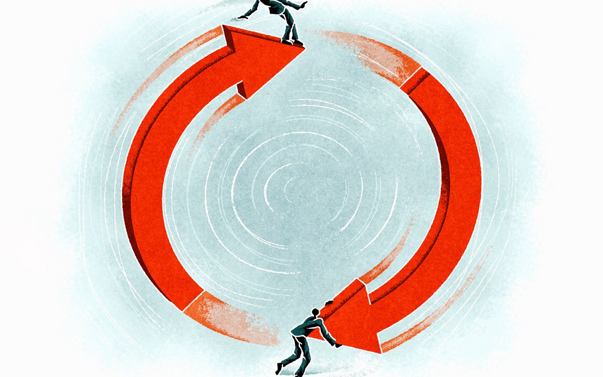 Businesspeople on upward and downward arrow in circle. (Illustration by Matt Kenyon/Ikon Images)