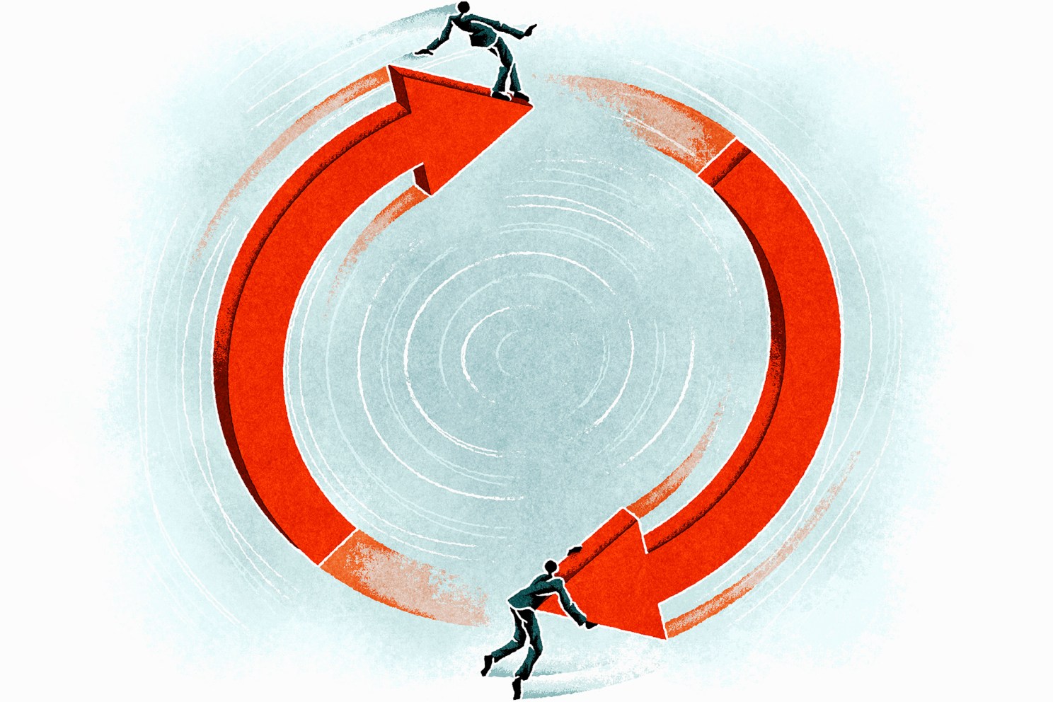 Businesspeople on upward and downward arrow in circle. (Illustration by Matt Kenyon/Ikon Images)