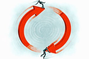 Businesspeople on upward and downward arrow in circle. (Illustration by Matt Kenyon/Ikon Images)