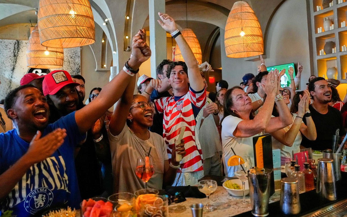 Soccer fans cheer together in a bar as they watch a World Cup soccer match between U.S. and Bosnia in Los Angeles.