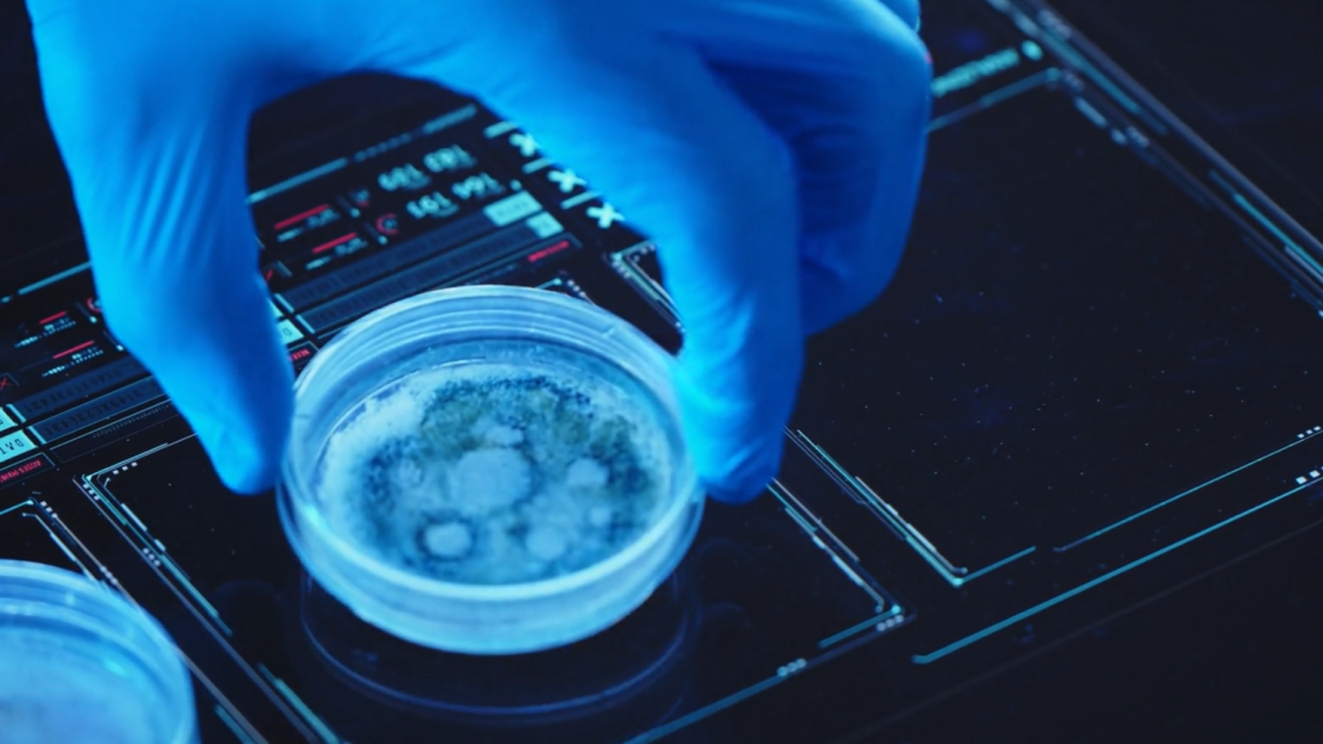 Futuristic lab scene with digital interface and specimen analysis