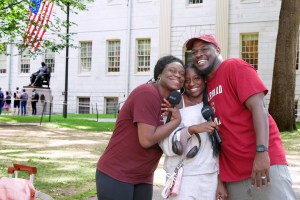 First-year student Kyla with family in Harvard Yard.