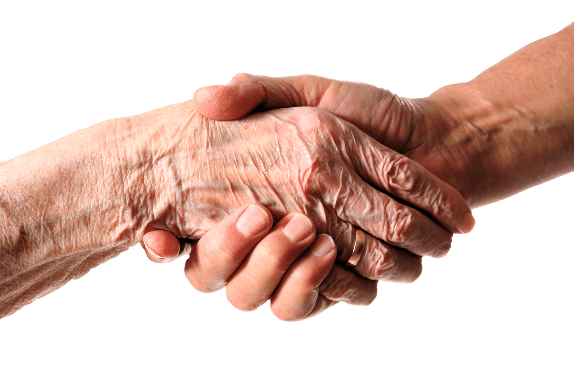 Wrinkled hand clutching a younger hand.