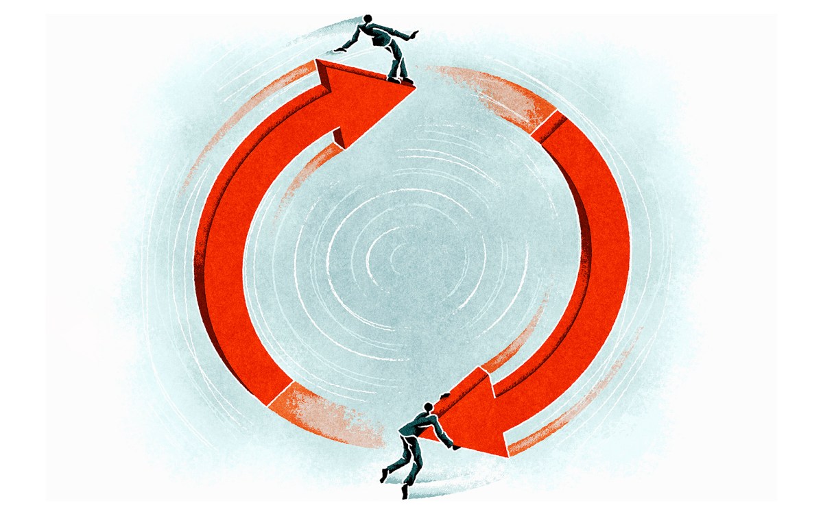 Businesspeople on upward and downward arrow in circle. (Illustration by Matt Kenyon/Ikon Images)