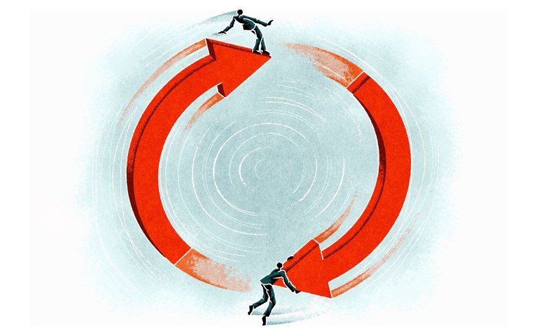 Businesspeople on upward and downward arrow in circle. (Illustration by Matt Kenyon/Ikon Images)