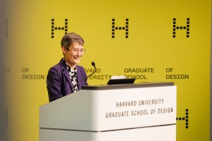 Sarah M. Whiting speaks at a podium.