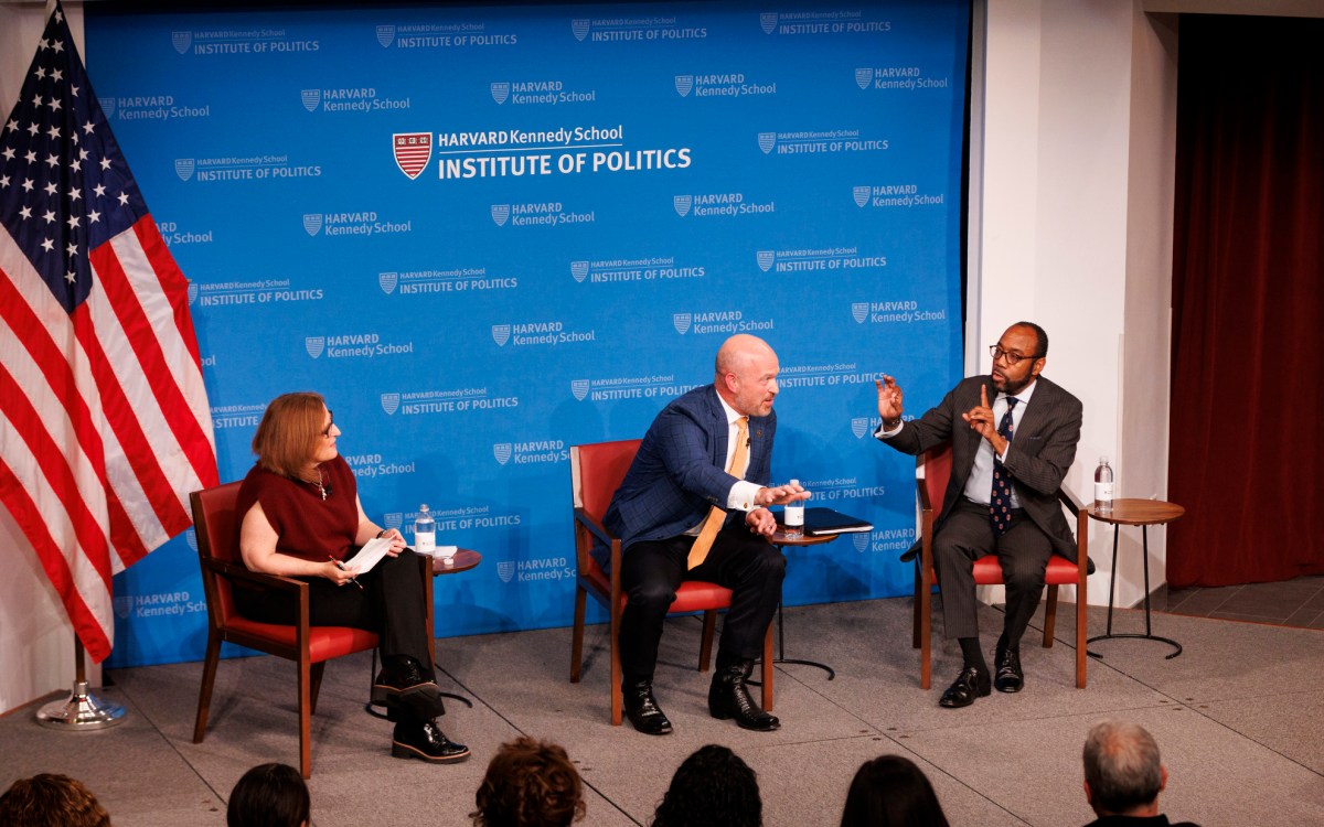 Panelists Laura Meckler, Kevin Roberts, and Cornell William Brooks at Harvard Kennedy School.
