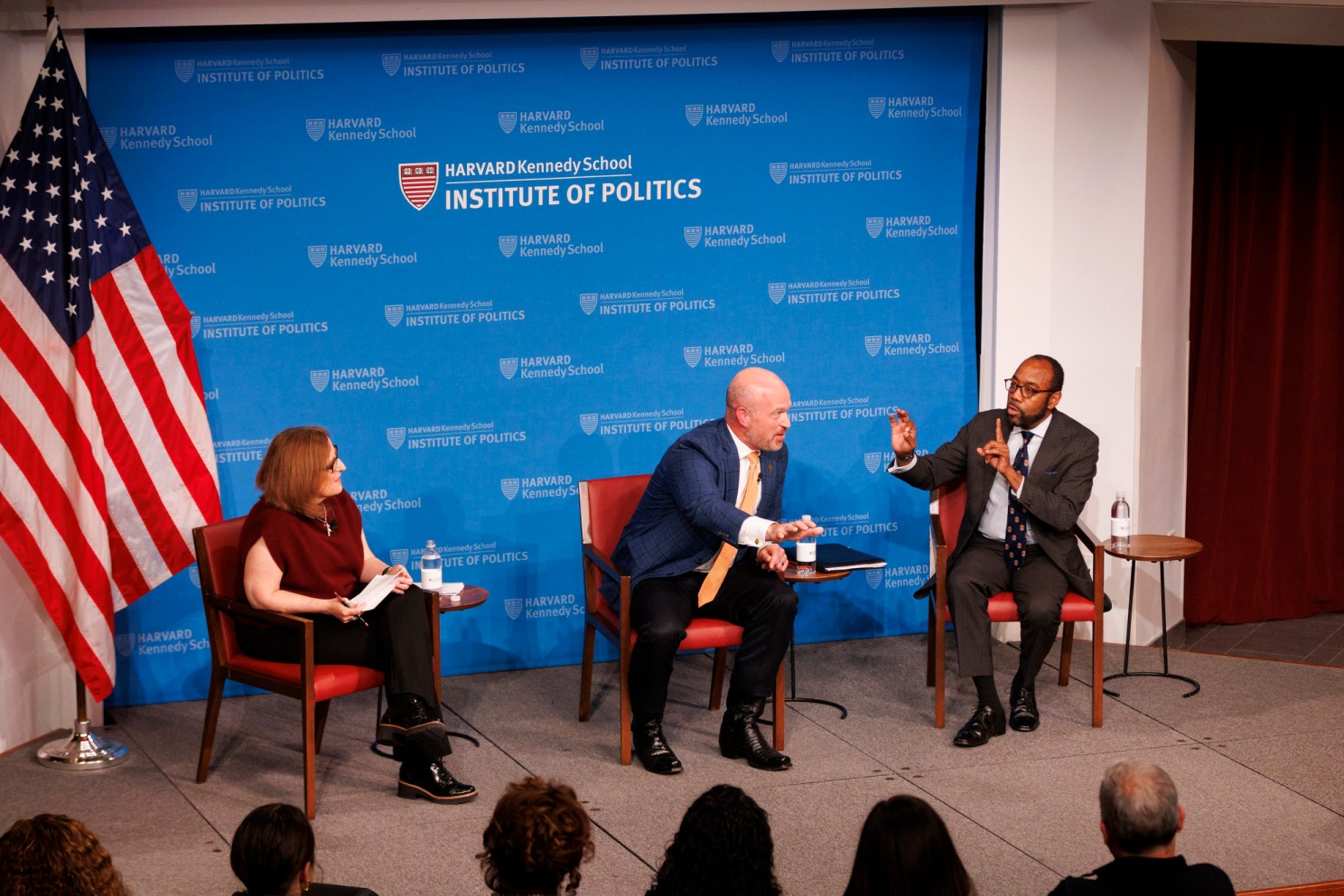 Panelists Laura Meckler, Kevin Roberts, and Cornell William Brooks at Harvard Kennedy School.