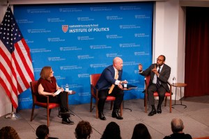 Panelists Laura Meckler, Kevin Roberts, and Cornell William Brooks at Harvard Kennedy School.