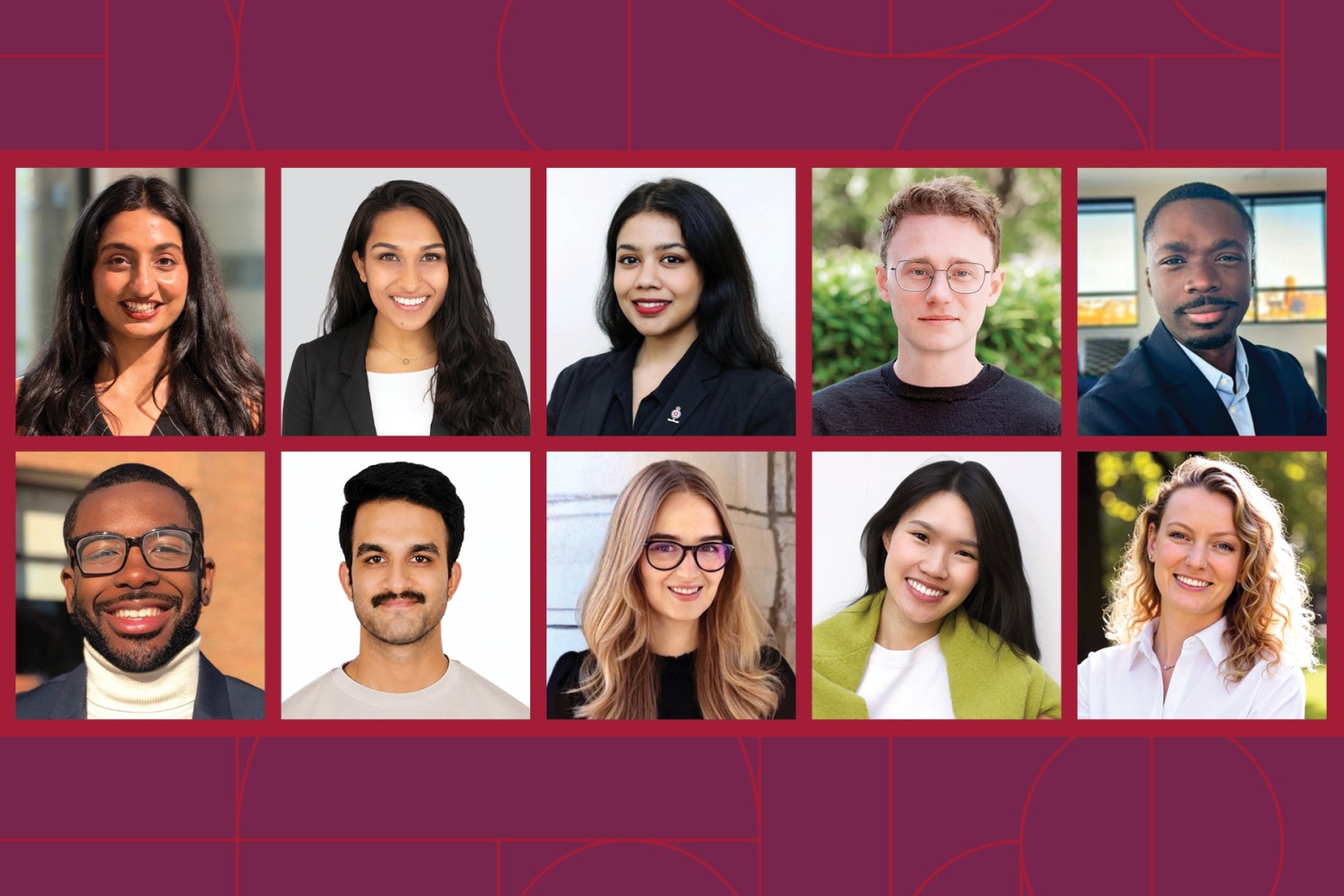 Collage featuring ten diverse professional headshots arranged in two rows against a burgundy background with geometric line patterns.