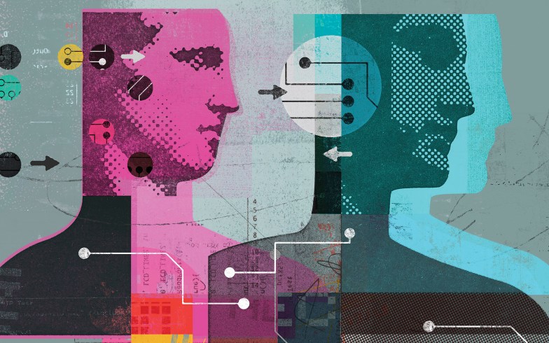 Collage of humans and data connected by arrows and circuit boards.