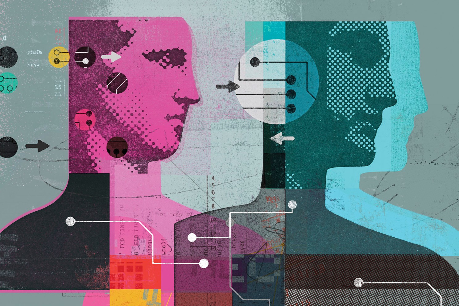 Collage of humans and data connected by arrows and circuit boards.